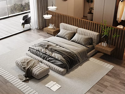 Modern Double Bed In Cozy Bedroom With Wooden Floor Side Table And Green Plant 3d model