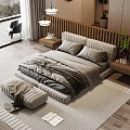Modern Double Bed In Cozy Bedroom With Wooden Floor Side Table And Green Plant