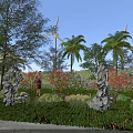 Scenic Natural Landscape With Green Trees Palm Plants Colorful Flowers And Decorative Rocks