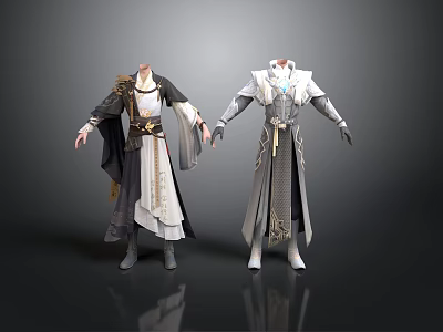 Man Wearing Black And White Robe With Belt And Silver Gray Armored Outfit Design 3d model