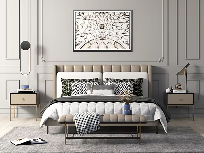 Modern Double Bed Room With Nightstands Lamps Decorative Painting And Foot Bench 3d model
