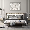 Modern Double Bed Room With Nightstands Lamps Decorative Painting And Foot Bench