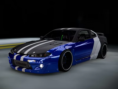Blue Sports Car With Black And White Stripes Modified Rear Spoiler And Sporty Wheels 3d model