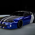 Blue Sports Car With Black And White Stripes Modified Rear Spoiler And Sporty Wheels