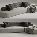 Modern Gray Sectional Sofa Interior With Dark Pillows And Cozy Blanket 3d model