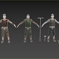 Three Male Worker Characters In Different Outfits With Tools And Wooden Box