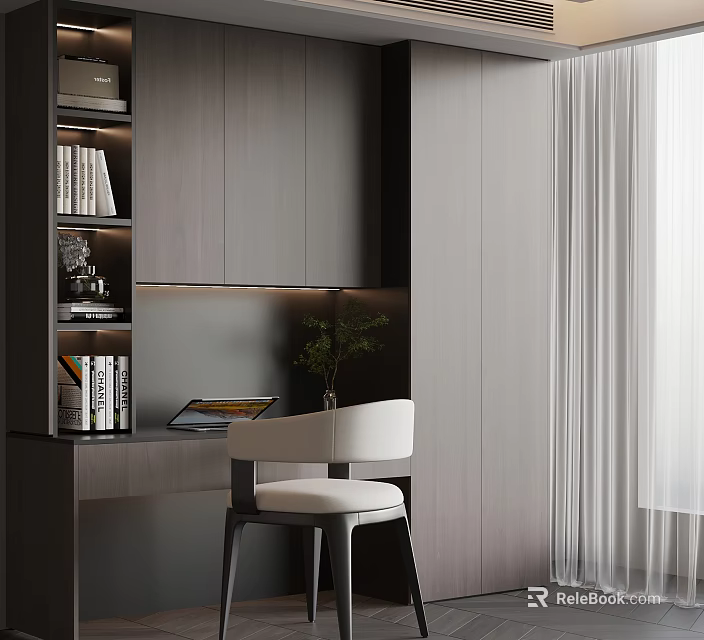 Minimalist Modern Desk With Gray Cabinets Bookshelf Green Plant And White Chair 3d model 