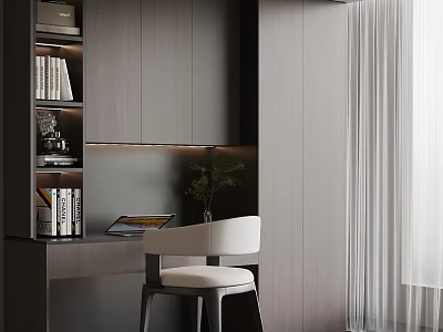 Minimalist Modern Desk With Gray Cabinets Bookshelf Green Plant And White Chair 3d model