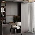 Minimalist Modern Desk With Gray Cabinets Bookshelf Green Plant And White Chair
