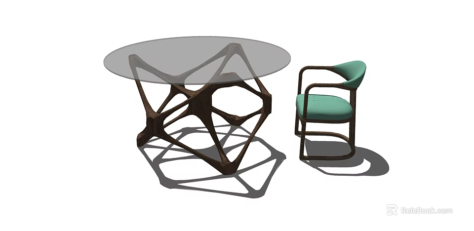 Dining Table Set with Round Glass Top Dark Brown Geometric Legs and Light Green Chair 3d model 