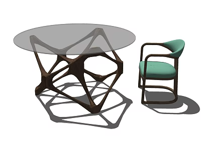 Dining Table Set with Round Glass Top Dark Brown Geometric Legs and Light Green Chair 3d model