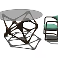 Dining Table Set with Round Glass Top Dark Brown Geometric Legs and Light Green Chair