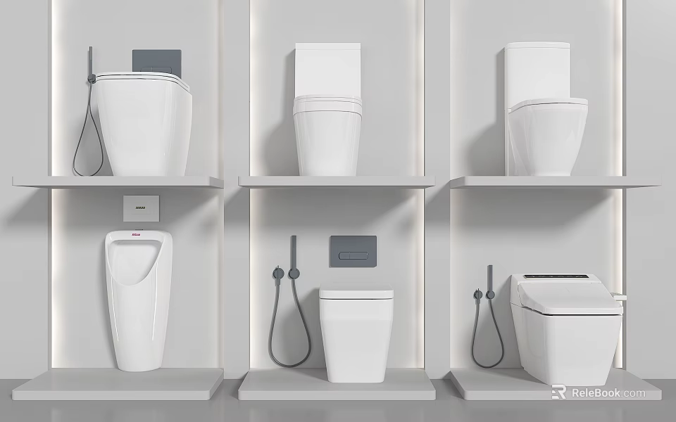 Different Types of Modern Toilets Displayed on Shelves with Bidet Sprayers for Bathroom Renovation Ideas 3d model 