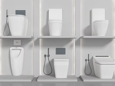 Different Types of Modern Toilets Displayed on Shelves with Bidet Sprayers for Bathroom Renovation Ideas 3d model
