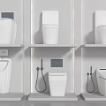 Different Types of Modern Toilets Displayed on Shelves with Bidet Sprayers for Bathroom Renovation Ideas