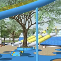 Children's Playground With Blue Slide Climbing Structures And Tree Shaded Area
