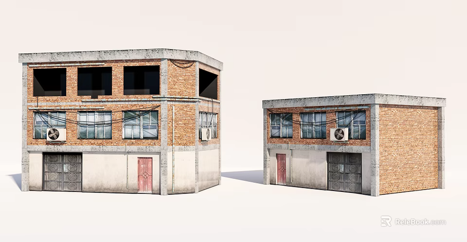 Two Old Brick Industrial Buildings With Multiple Windows Doors And Air Conditioner Unit 3d model 