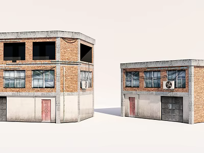 Two Old Brick Industrial Buildings With Multiple Windows Doors And Air Conditioner Unit 3d model