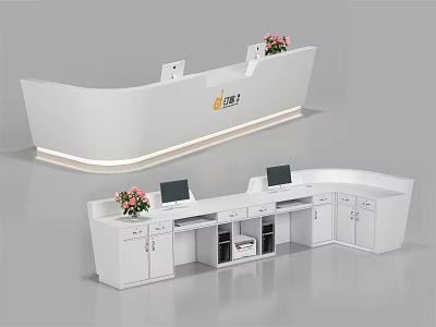 Modern White Reception Desk With Computers Flower Arrangements And Company Logo 3d model