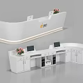 Modern White Reception Desk With Computers Flower Arrangements And Company Logo