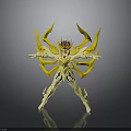 Elaborate Golden Mythic Armor Figure With Yellow Wing Appendages And Reflective Display Base