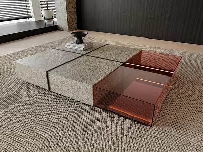 Modern Coffee Table With Gray Textured Sections Glass Copper Accents And Living Room Rug 3d model