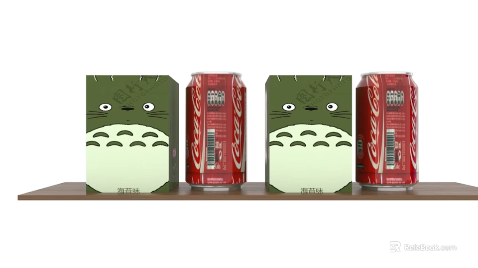 Beverage Display Featuring Green Totoro Design Boxes And Red Cans 3d model
