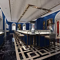 Elegant Jewelry Store Interior With Blue Walls Display Cases Chandeliers And Black White Geometric Floor Tiles