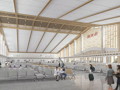 Spacious Station Hall Interior With Waiting Seats People Wooden Roof Elements And Large Windows 3d model