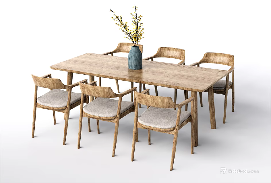 Wooden Dining Table Set With Six Chairs Padded Seats And Blue Vase Holding Yellow Flowers 3d model 