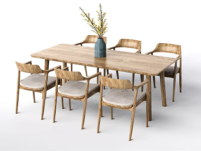 Wooden Dining Table Set With Six Chairs Padded Seats And Blue Vase Holding Yellow Flowers 3d model