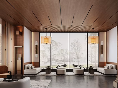 Modern Hotel Public Lounge Area With Wooden Ceiling Large Windows Comfortable Sofas And Area Rug 3d model