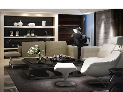 Modern Sofa and Coffee Table Set with Accent Chair Ottoman and Decorative Shelves 3d model