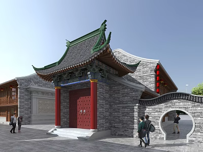 Traditional Chinese Shopfront With Green Tiled Eaves Red Pillars And Stone Walls 3d model
