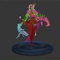 Stylish Game Movie Female Character In Red Outfit With Purple Ribbons Standing On Pedestal