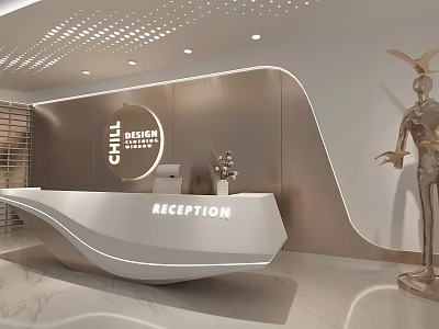 Modern Reception Interior Design With White Reception Desk Brown Wall Art Sculpture And Marble Floor 3d model