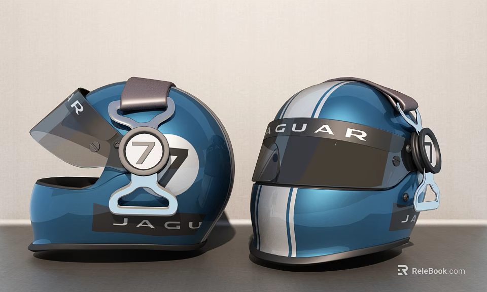Blue Jaguar Racing Helmet Design Featuring Number 7 And Striped Patterns 3d model 