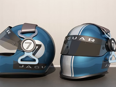 Blue Jaguar Racing Helmet Design Featuring Number 7 And Striped Patterns 3d model