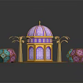 Decorative Dome Structure With Palm Trees And Colorful Spherical Ornaments On Blue Base