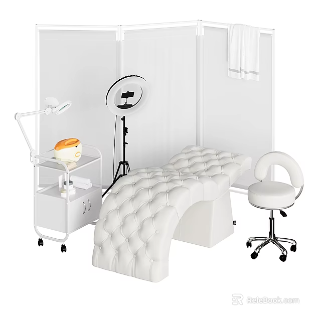 Medical Equipment Collection Featuring Tufted Massage Table Adjustable Lamp Rolling Cart And Round Lamp Stand 3d model 