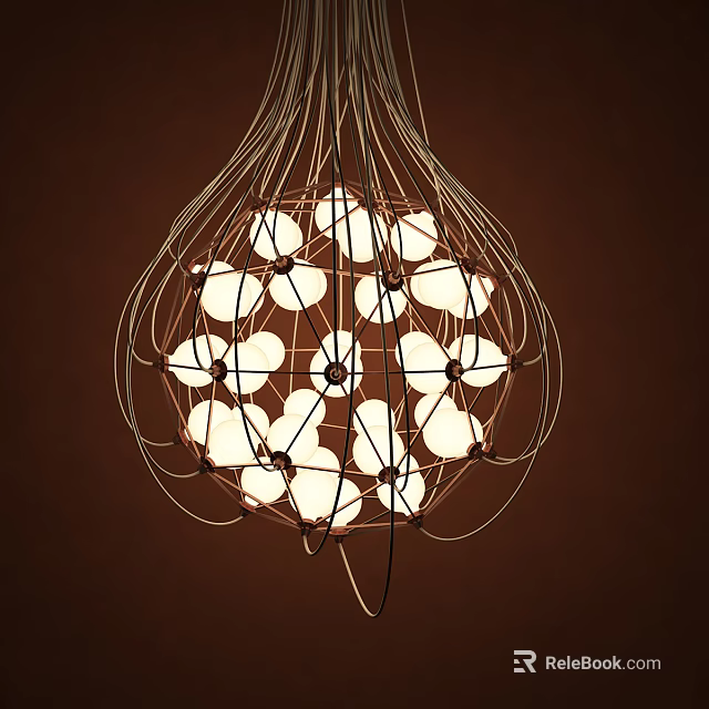 Unique Shaped Chandelier With Metal Wire Frame And Round Illuminated Bulbs 3d model 