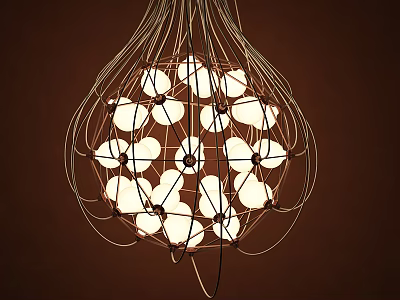 Unique Shaped Chandelier With Metal Wire Frame And Round Illuminated Bulbs 3d model