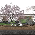 Karesansui Garden With Cherry Blossom Red Maple Trees Bamboo Fence Wooden Platform And Tea Set