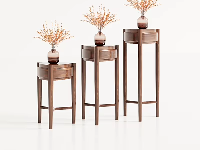 Simple Modern Wooden Flower Stands For Home Decor With Vases And Decorative Flowers 3d model