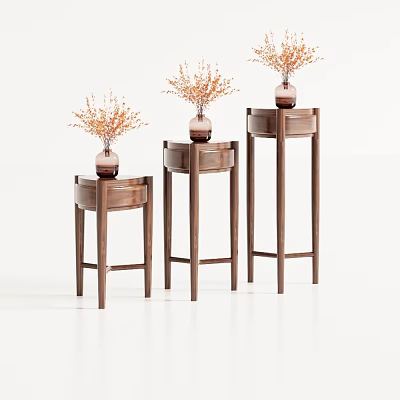 Simple Modern Wooden Flower Stands For Home Decor With Vases And Decorative Flowers 3d model