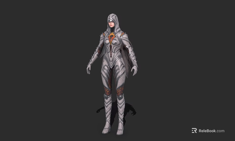 Hooded Female Game Movie Character With Silver Gray Armor Intricate Patterns And Red Accents 3d model 