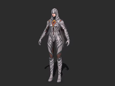 Hooded Female Game Movie Character With Silver Gray Armor Intricate Patterns And Red Accents 3d model