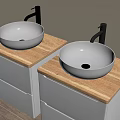 Double Bathroom Vanity Sink With White Vessel Basins Wooden Countertops And Gold Silver Faucets