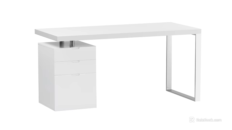 White Modern Home Office Desk With Simple Structure And Drawer Cabinet 3d model 