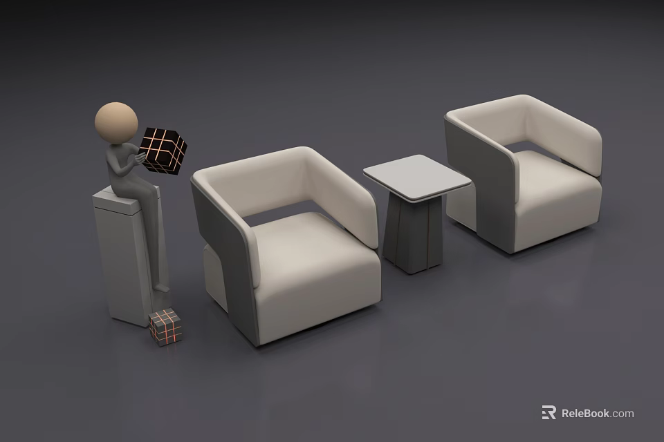 Leisure Sofa Set with Two White Sofas Small Square Table Gray Cabinet and Checkered Items 3d model 